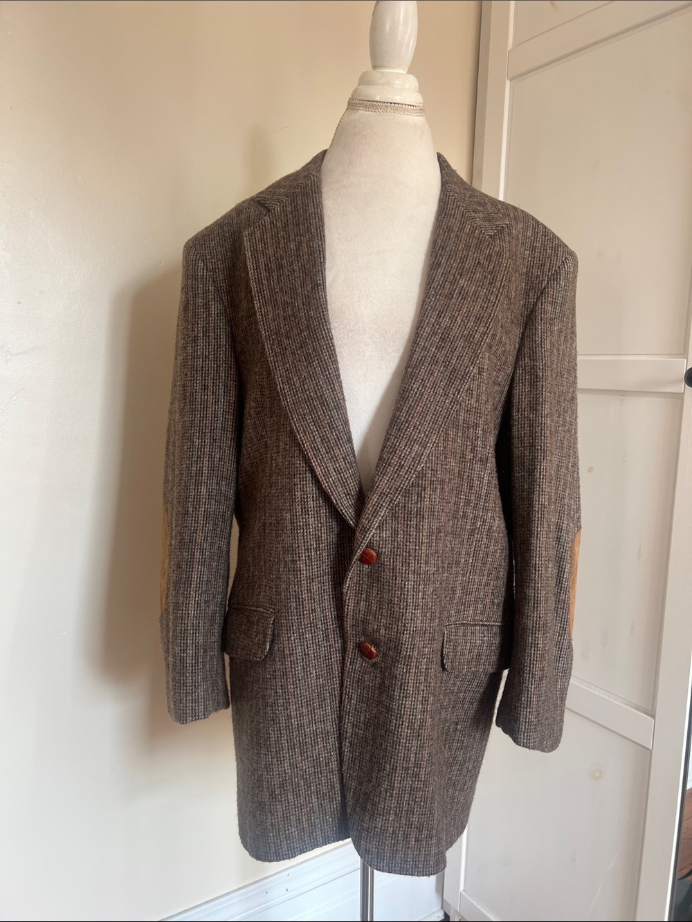 Vintage Stuart Hughes Tweed Wool Blazer Jacket Brown Elbow Patches Sz 42L